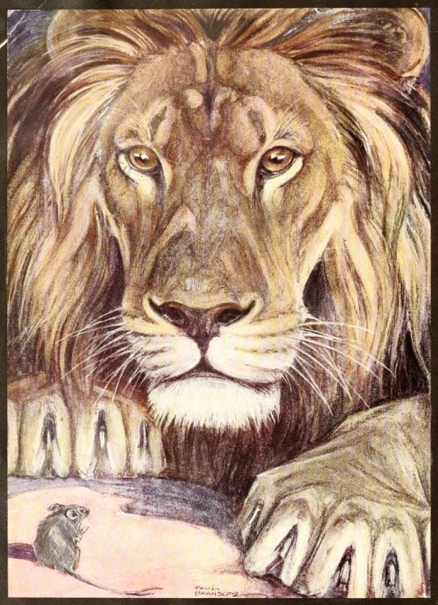 Kuvitus Aisopoksen faabeliin Leijona ja Hiiri